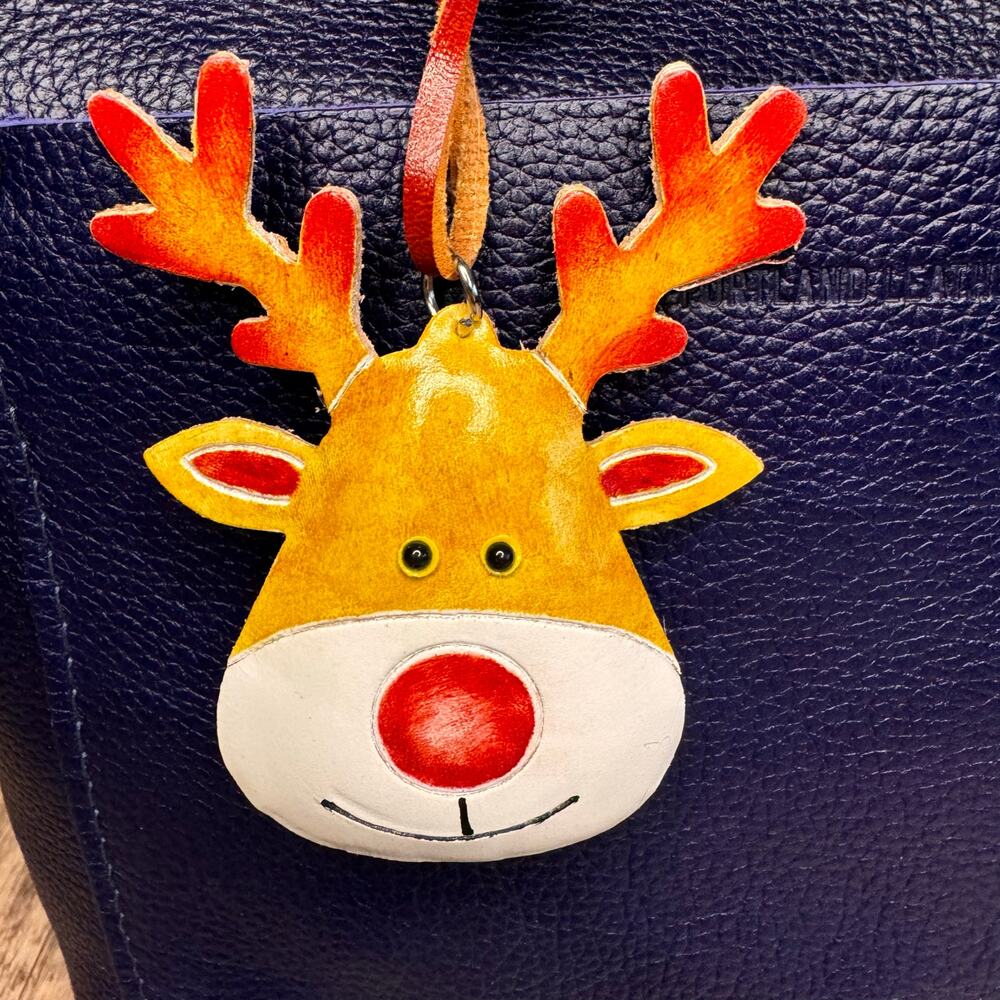 Reindeer Purse Charm Genuine Leather Bag Charm Rudolph Red Nosed Reindeer